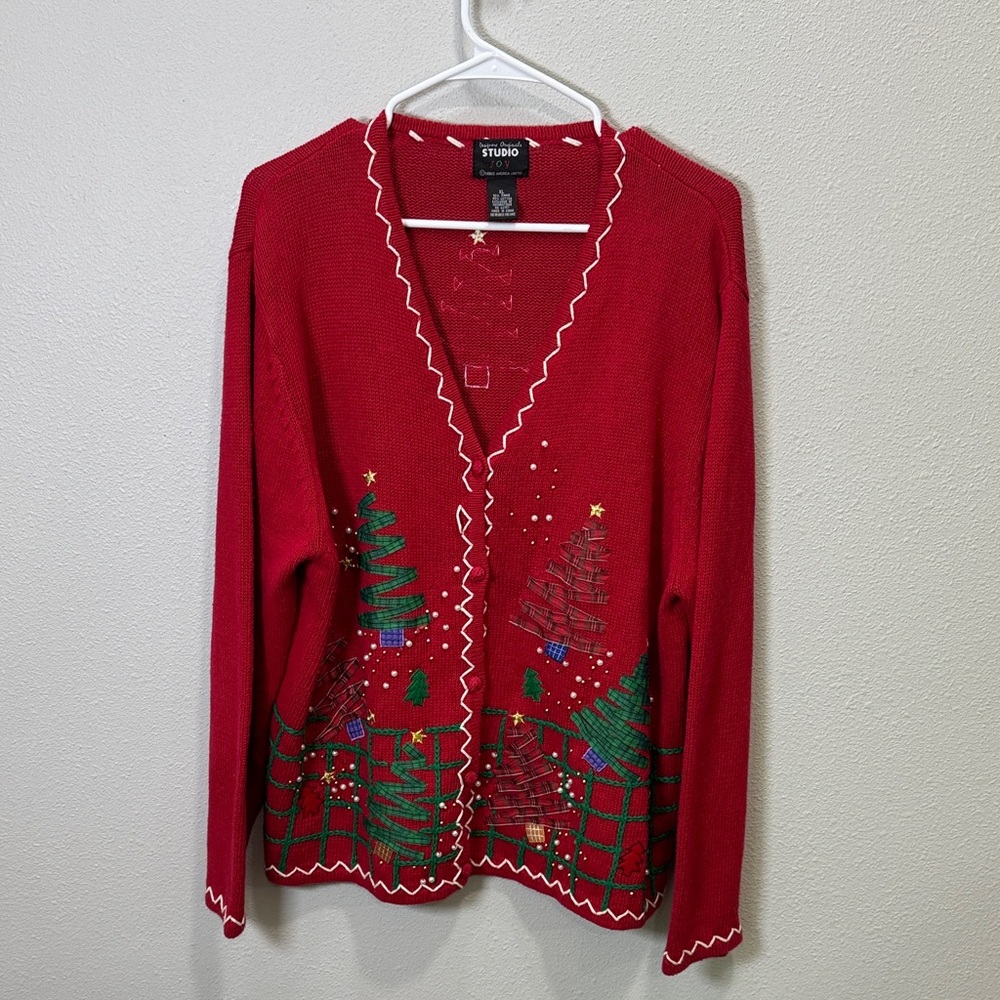 Studio Joy‎ Festive Red Cardigan with Holiday Christmas trees Design
